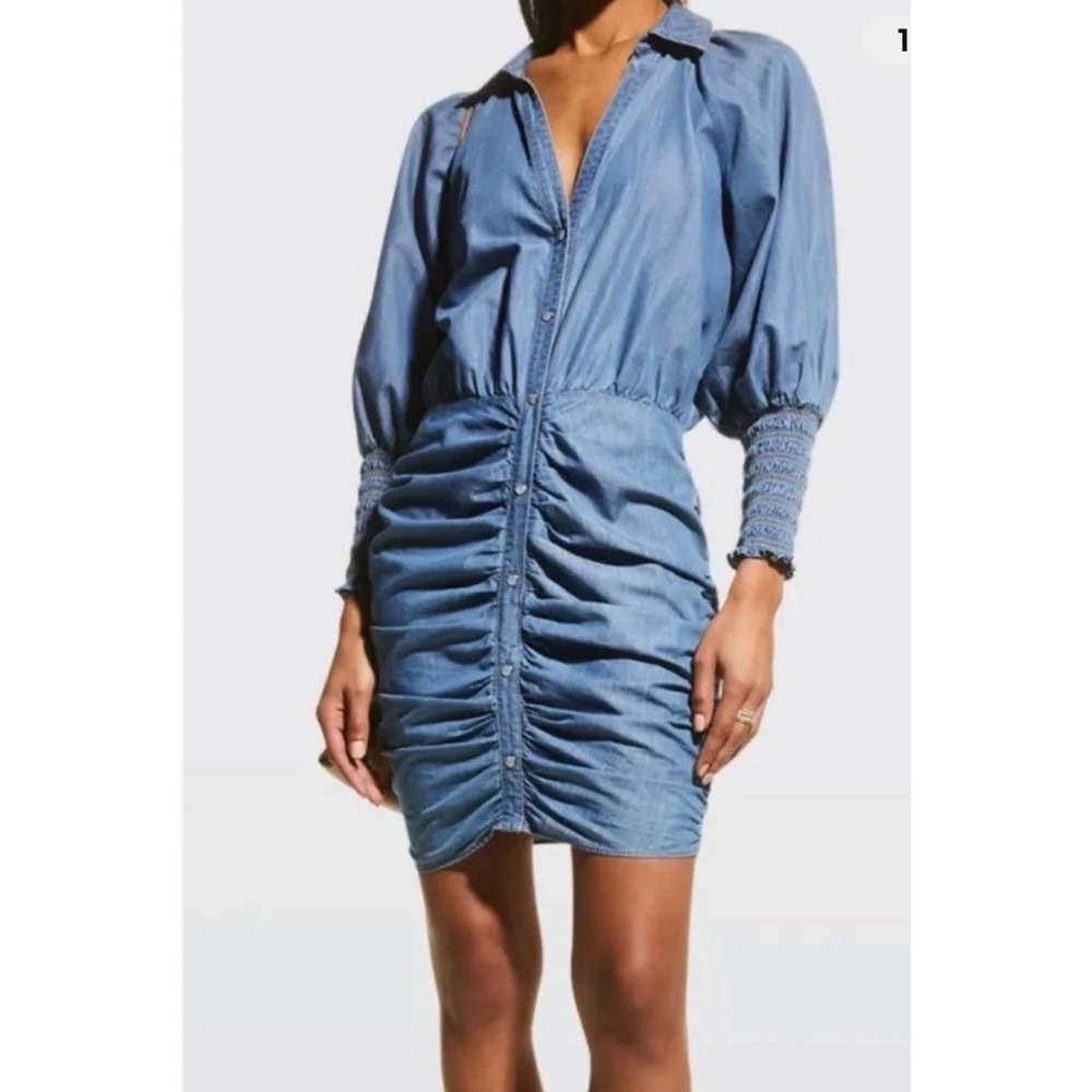 Veronica Beard Jeans Blue Chambray Ruched Button Front Mini Dress Size 2